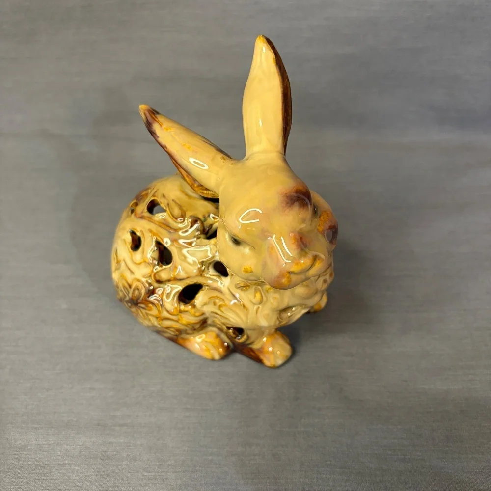 Bunny Rabbit Candle Holder Cut Outs Floral Pattern Sitting Ceramic Tea Light - Picture 5 of 8